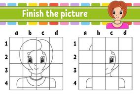 Finish the picture. Coloring book pages for kids. Education developing worksheet. Game for children. Handwriting practice. Cartoon character. Vector illustration.