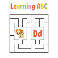 Square maze. Dog animal. Game for kids. Quadrate labyrinth. Education worksheet. Activity page. Learning English alphabet. Cartoon style. Find the right way. Color vector illustration.