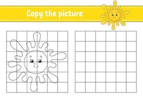 Cute sun. Copy the picture. Coloring book pages for kids. Education developing worksheet. Game for children. Handwriting practice. Funny character. Cute cartoon vector illustration.