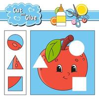 Cut and glue. Game for kids. Education developing worksheet. Cartoon apple character. Color activity page. Hand drawn. Isolated vector illustration.