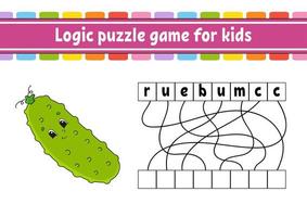 Logic puzzle game. Learning words for kids. Vegetable cucumber. Find the hidden name. Worksheet, Activity page. English game. Isolated vector illustration. Cartoon character.