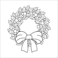 Coloring book for kids. Christmas wreath of holly leaves and berries decorated with a bow. Cartoon character. Vector illustration. Black contour silhouette. Isolated on white background.