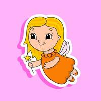 Young tooth fairy in a dress with wings and a magic wand. Bright color sticker. Cartoon character. Vector illustration. Design element. With white contour.