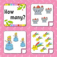 Counting game for children. Happy characters. Learning mathematics. How many object in the picture. Education worksheet. With space for answers. Isolated vector illustration in cute cartoon style.