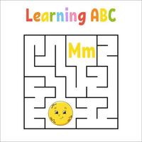 Square maze. Game for kids. Quadrate labyrinth. Education worksheet. Activity page. Learning English alphabet. Cartoon style. Find the right way. Color vector illustration.