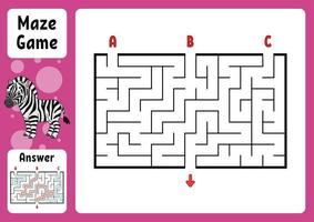 Rectangle maze. Game for kids. Three entrances, one exit. Puzzle for children. Labyrinth conundrum. Color vector illustration. Find the right path. With answer. Cartoon character. Education worksheet.