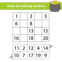 Paste the missing numbers 1-20. Game for children. Handwriting practice. Learning numbers for kids. Education developing worksheet. Activity page. Isolated vector illustration in cute cartoon style.