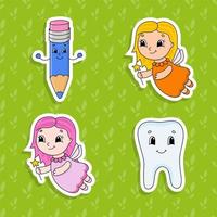 Set of bright color stickers for kids. Cute cartoon characters. Vector illustration isolated on color background.