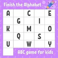 Finish the alphabet. ABC game for kids. Education developing worksheet. Learning game for kids. Color activity page. vector