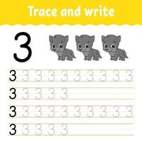 Trace and write. Handwriting practice. Learning numbers for kids. Education developing worksheet. Color activity page. Isolated vector illustration in cute cartoon style.