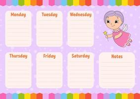 Elderly fairy. School schedule. Timetable for schoolboys. Empty template. Weekly planer with notes. Isolated color vector illustration. Cartoon character.