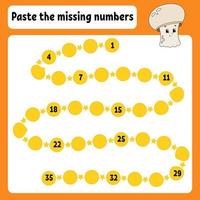 Paste the missing numbers. Handwriting practice. Learning numbers for kids. Education developing worksheet. Color activity page. Mushroom champignon. Isolated vector illustration in cartoon style.