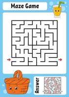 Square maze. Game for kids. Funny labyrinth. Education developing worksheet. Activity page. Puzzle for children. Cartoon style. Riddle for preschool. Logical conundrum. Color vector illustration.