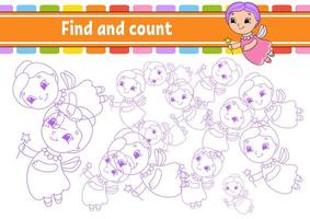 Find and count. Elderly fairy. Education developing worksheet. Activity page. Puzzle game for children. Logical thinking training. Isolated vector illustration. Cartoon character.