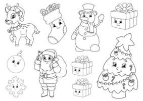 Coloring book for kids. Christmas theme. Cheerful characters. Vector illustration. Cute cartoon style. Black contour silhouette. Isolated on white background.