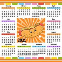 calendario para 2021 con un lindo personaje. diseño divertido y brillante. Ilustración de vector de color aislado. estilo de dibujos animados.