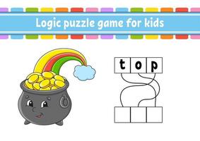 Logic puzzle game. Learning words for kids. Find the hidden name. Worksheet, Activity page. English game. Isolated vector illustration. Cartoon character. St. Patrick's day.