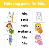 Matching game for kids. Find the correct answer. Draw a line. Learning words. Activity worksheet. Cartoon character. vector