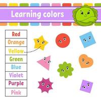 Learning colors. Education developing worksheet. Activity page with pictures. Game for children. Isolated vector illustration. Funny character. Cartoon style.