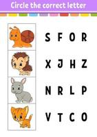 Circle the correct letter. Education developing worksheet. Learning game for kids. Color activity page. Cartoon character. vector