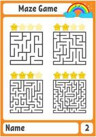 Square maze. Game for kids. Puzzle for children. Labyrinth conundrum. Color vector illustration. Find the right path. The development of logical and spatial thinking.