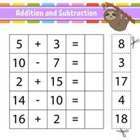 Addition and subtraction. Task for kids. Education developing worksheet. Activity page. Game for children. Funny character. Isolated vector illustration. Cartoon style.