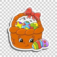 Cute cartoon character. Easter basket. Sticker with contour. Colorful vector illustration. Isolated on transparent background. Design element