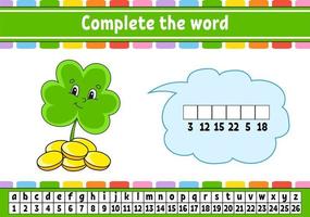 Complete the words. Cipher code. Clover with coins. Learning vocabulary and numbers. Education worksheet. Activity page for study English. Isolated vector illustration. Cartoon character.