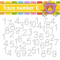 Trace number 6. Handwriting practice. Learning numbers for kids. Education developing worksheet. Activity page. Game for toddlers and preschoolers. Isolated vector illustration in cute cartoon style.