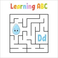 Square maze. Game for kids. Quadrate labyrinth. Education worksheet. Activity page. Learning English alphabet. Cartoon style. Find the right way. Color vector illustration.