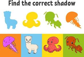 Find the correct shadow. Jellyfish, alpaca, octopus, ant. Education worksheet. Matching game for kids. Color activity page. Puzzle for children. Cartoon character. Isolated vector illustration.