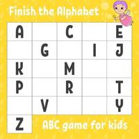 Finish the alphabet. ABC game for kids. Education developing worksheet. Learning game for kids. Color activity page. vector