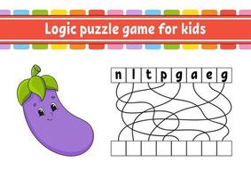 Logic puzzle game. Learning words for kids. Vegetable eggplant. Find the hidden name. Worksheet, Activity page. English game. Isolated vector illustration. Cartoon character.