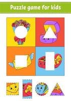 Puzzle game for kids. Cut and paste. Cutting practice. Learning shapes. Education worksheet. Valentine's Day. Circle, square, rectangle, triangle. Activity page.Cartoon character. vector