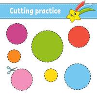 Cutting practice for kids. Education developing worksheet. Activity page with pictures. Color game for children. Isolated vector illustration. Funny character. Cartoon style.