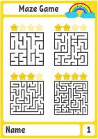 Square maze. Game for kids. Puzzle for children. Labyrinth conundrum. Color vector illustration. Find the right path. The development of logical and spatial thinking.