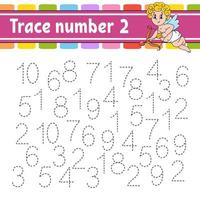 Trace number. Handwriting practice. Learning numbers for kids. Education developing worksheet. Activity page. Game for toddlers and preschoolers. Isolated vector illustration in cute cartoon style.