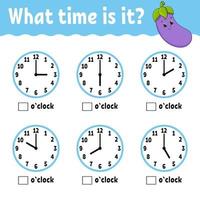 aprender el tiempo en el reloj. hoja de trabajo de actividades educativas para niños y niños pequeños. juego para niños. Ilustración de vector aislado plano simple en estilo de dibujos animados lindo.