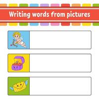 Writing words from pictures. Education developing worksheet. Cupid, ring box, envelope. Activity page for kids. Puzzle for children. Isolated vector illustration. Cartoon characters.