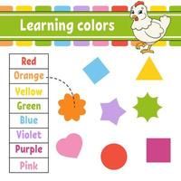 Learning colors. Education developing worksheet. Lovely hen. Activity page with pictures. Game for children. Isolated vector illustration. Funny character. Cartoon style.