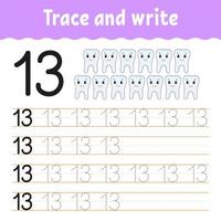 Trace and write. Number 13. Handwriting practice. Learning numbers for kids. Activity worksheet. Cartoon character. vector