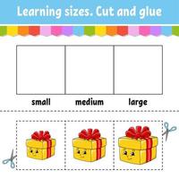 Learning sizes. Cut and glue. Easy level. Christmas theme. Color activity worksheet. Game for children. Cartoon character. Vector illustration.