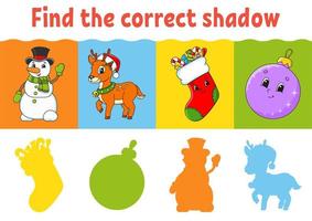 Find the correct shadow. Education worksheet. Matching game for kids. Color activity page. Puzzle for children. Cartoon character. Isolated vector illustration.