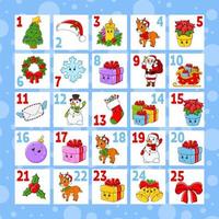 Christmas advent calendar with cute characters. Santa claus, deer, snowman, fir tree, snowflake, gift, bauble, sock. Cartoon style. With numbers 1 to 25. Vector illustration. Holiday preparation.