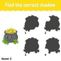 Find the correct shadow. Education developing worksheet. Matching game for kids. Activity page. Puzzle for children. Cartoon character. Isolated vector illustration. St. Patrick's day.