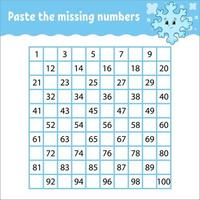 Paste the missing numbers. Handwriting practice. Learning numbers for kids. Education developing worksheet. Activity page. Game for children. Isolated vector illustration in cute cartoon style.