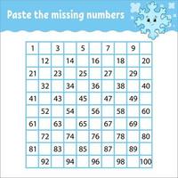 Paste the missing numbers. Handwriting practice. Learning numbers for kids. Education developing worksheet. Activity page. Game for children. Isolated vector illustration in cute cartoon style.