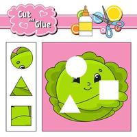 Cut and glue. Game for kids. Education developing worksheet. Cartoon cabbage character. Color activity page. Hand drawn. Isolated vector illustration.