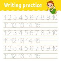 Trace and write. Number 1-15. Handwriting practice. Learning numbers for kids. Activity worksheet. Cartoon character. vector