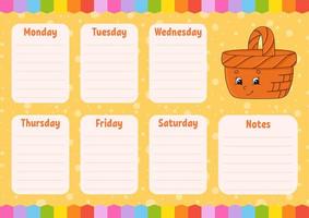 School schedule. Timetable for schoolboys. Empty template. Weekly planer with notes. Isolated color vector illustration. Cartoon character.